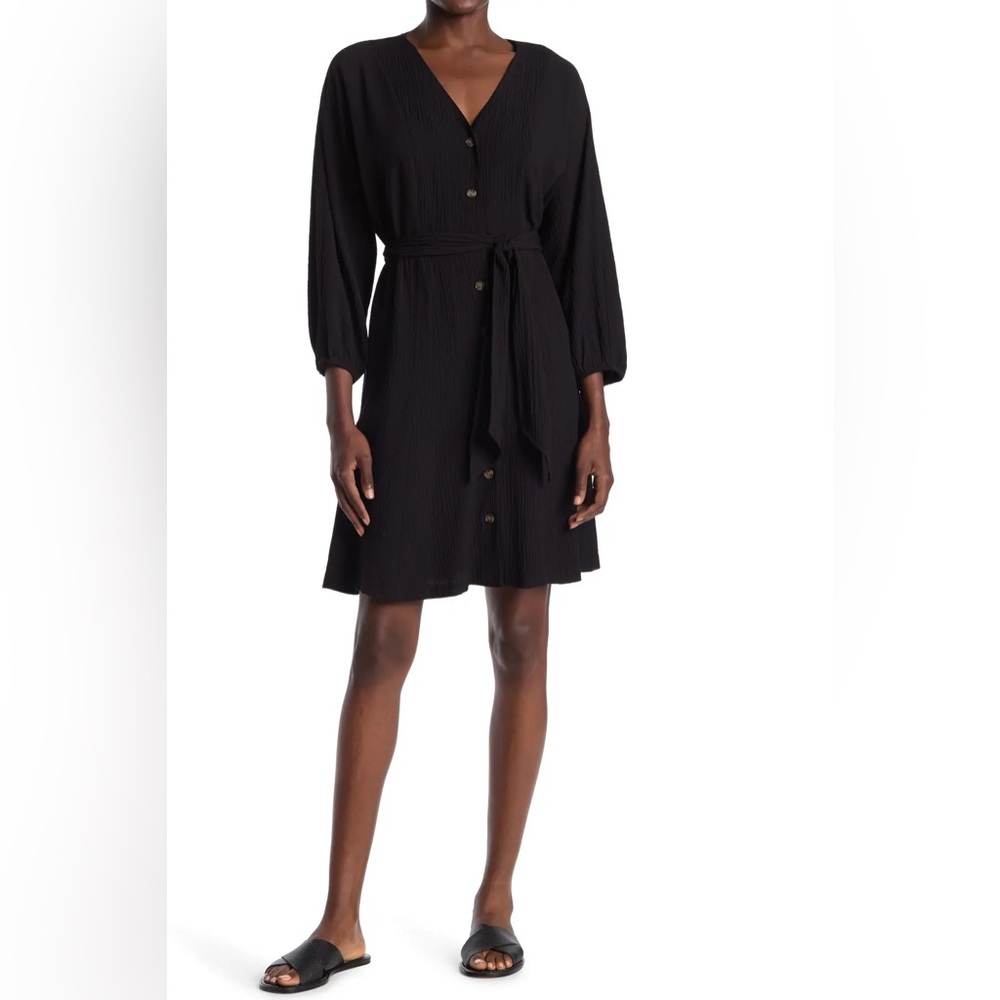CALVIN KLEIN Button Front Waist Tie Dress Black size 6
